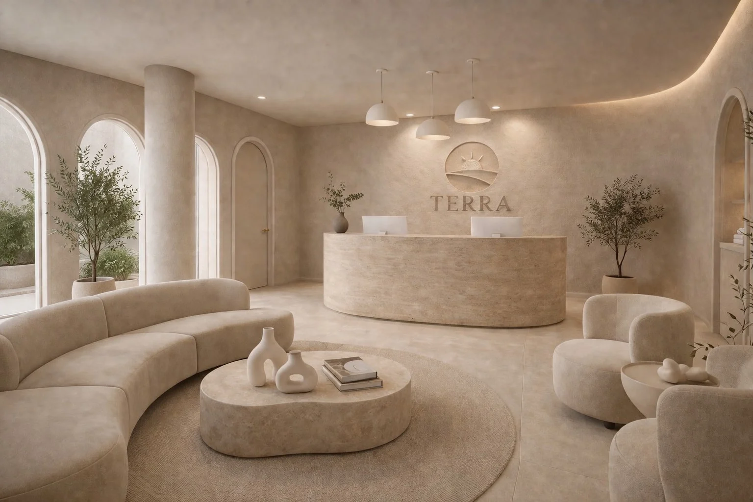 TERRA Spa — Wide view of the lobby with a curved sofa, a column and arched windows, with the reception desk at the back