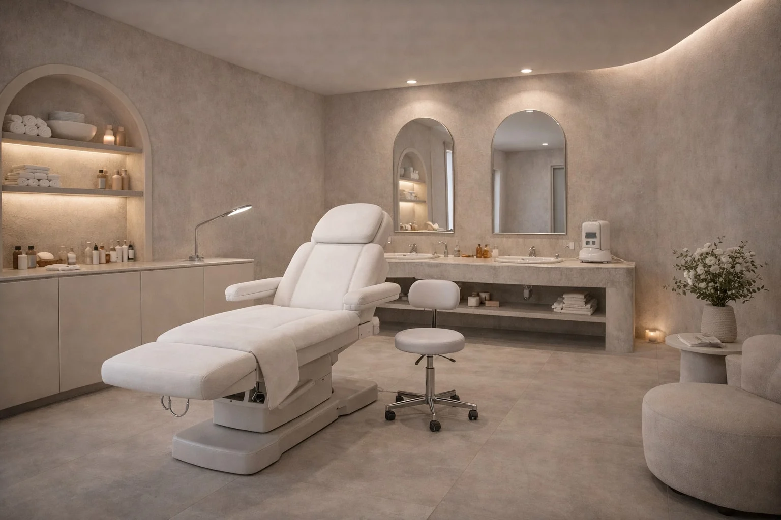 TERRA Spa — Treatment room with a white reclining chair, a rolling stool and two arched mirrors above a double vanity