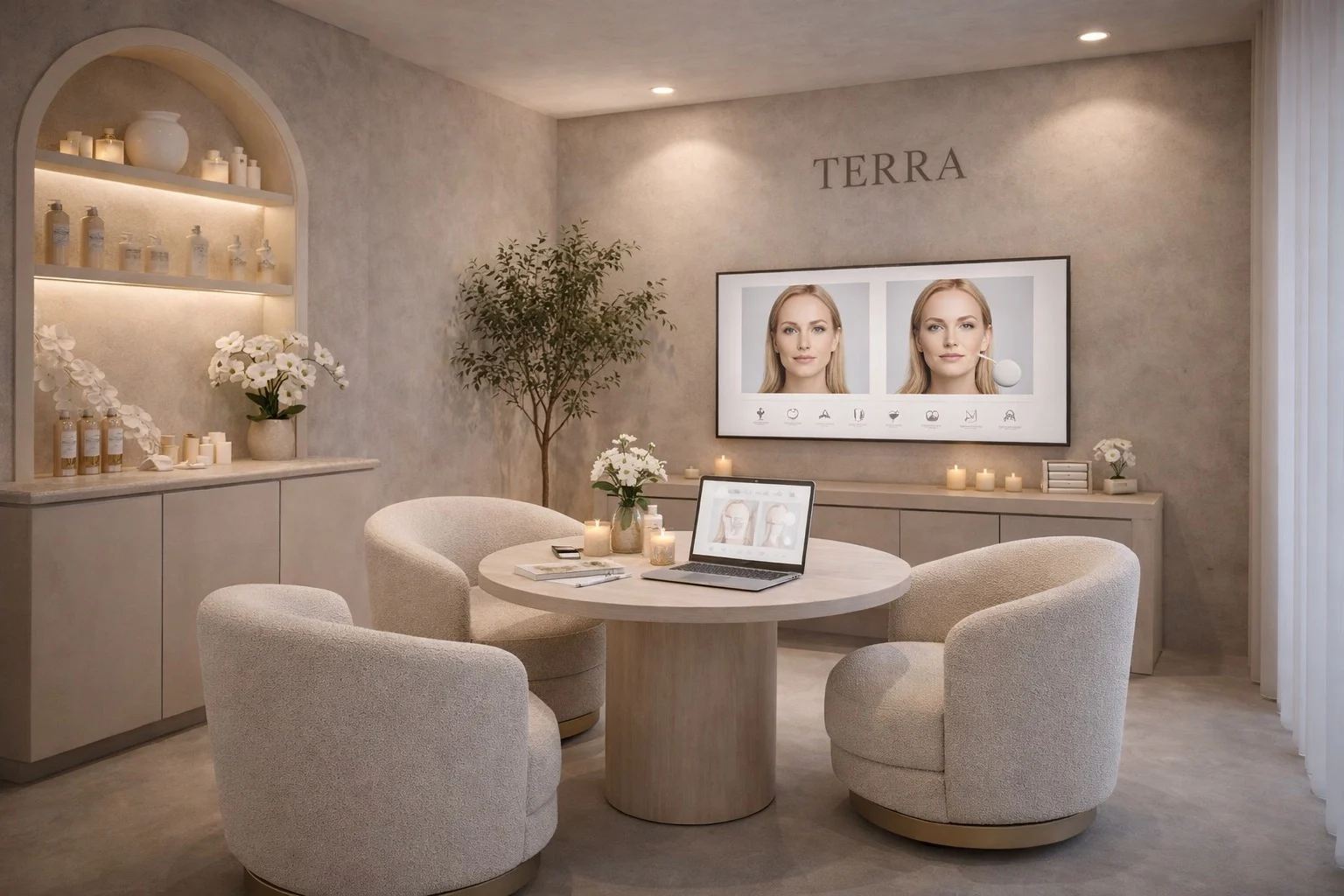 TERRA Spa — Consultation area with a round table, three white textured armchairs and a wall screen with facial images