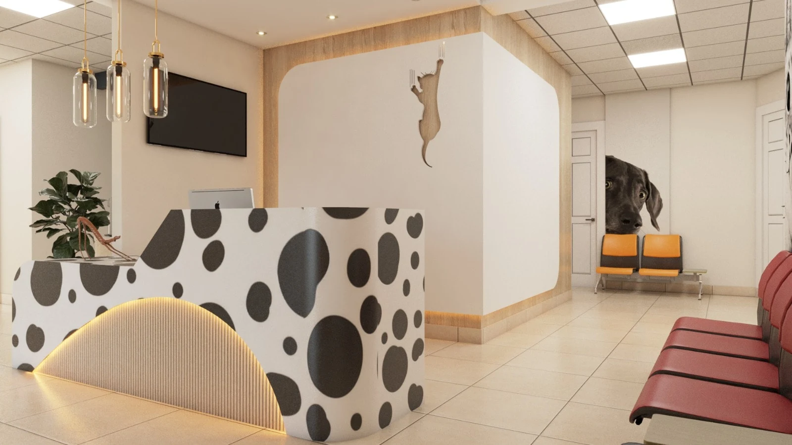 Veterinary Clinics — Reception with a Dalmatian-spot desk, glass pendant lights and a climbing cat silhouette on the wall