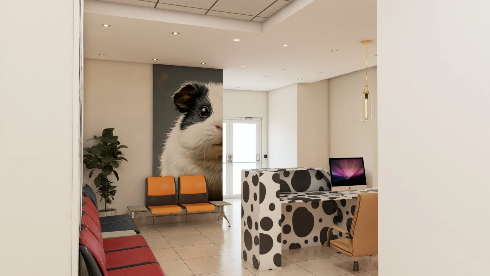 Veterinary Clinic — Waiting area with red and orange bench seats, a large guinea pig mural and the spotted reception desk