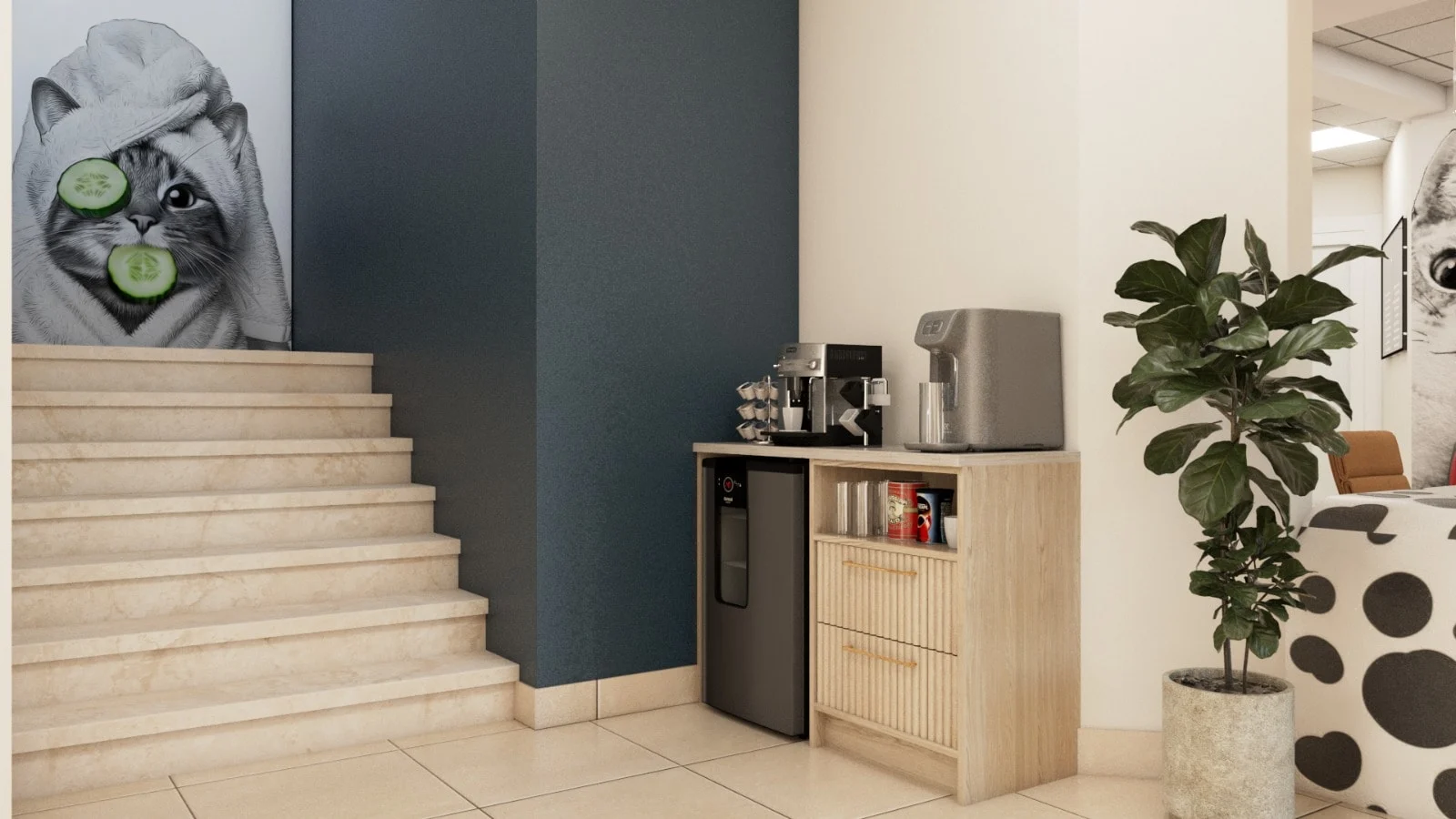 Veterinary Clinic — Coffee station with a fluted wood cabinet and mini fridge beside stairs and a mural of a cat with cucumber slices