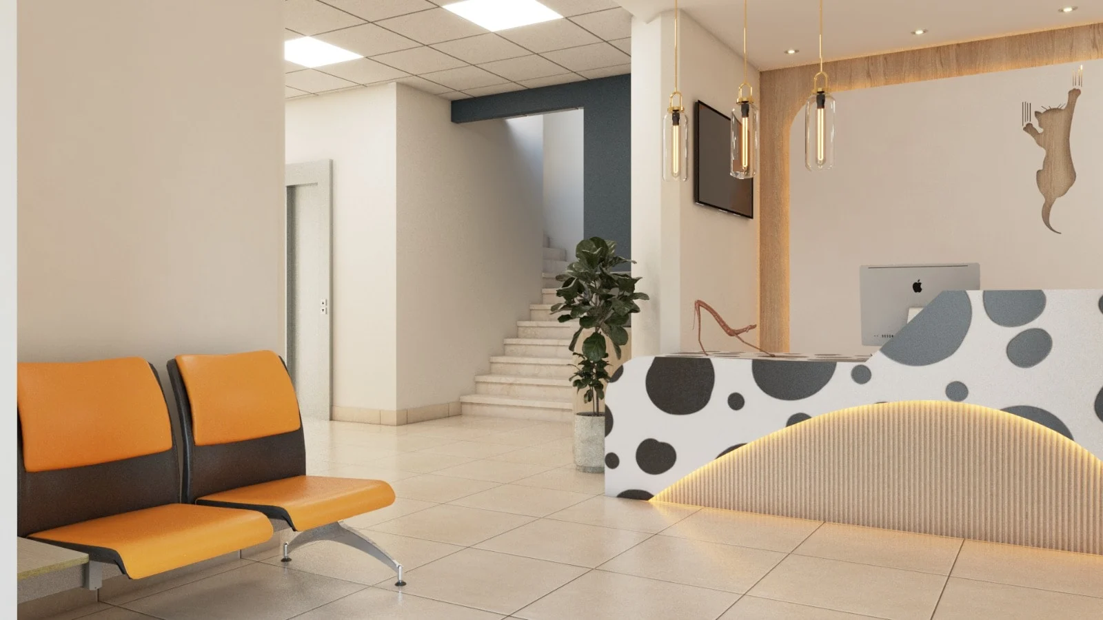 Veterinary Clinic — Waiting area with an orange two-seat bench in the foreground, the spotted desk and the staircase beyond