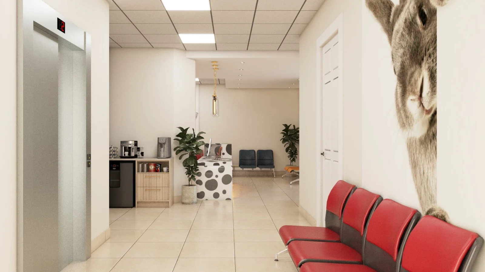 Veterinary Clinic — Corridor with an elevator and red bench seats under a large rabbit mural, leading to the reception