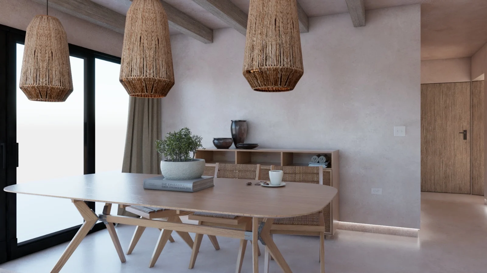 Villa Colibrí — Close view of the oval wood dining table under three rope pendants, with dark pottery on the sideboard