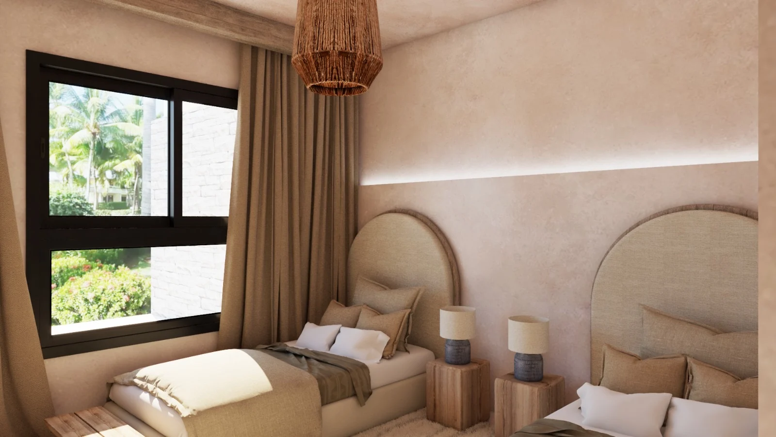Villa Colibrí — Twin bedroom with arched headboards, blue ceramic lamps and a window onto palm trees