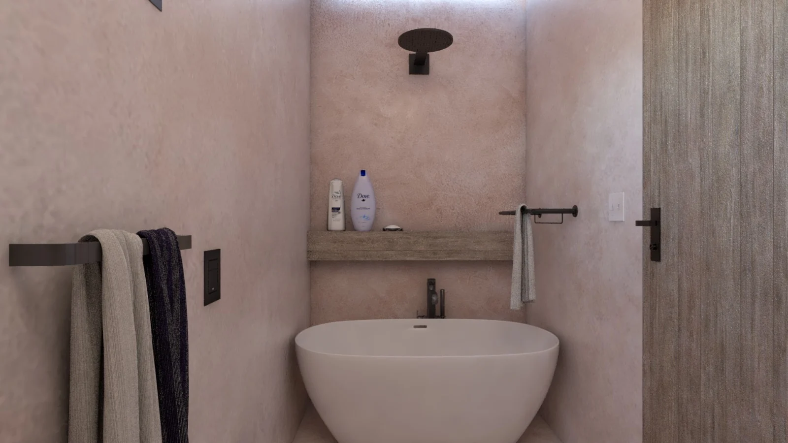 Villa Colibrí — Bathroom with a freestanding white tub in a blush plaster alcove under a black rain shower head