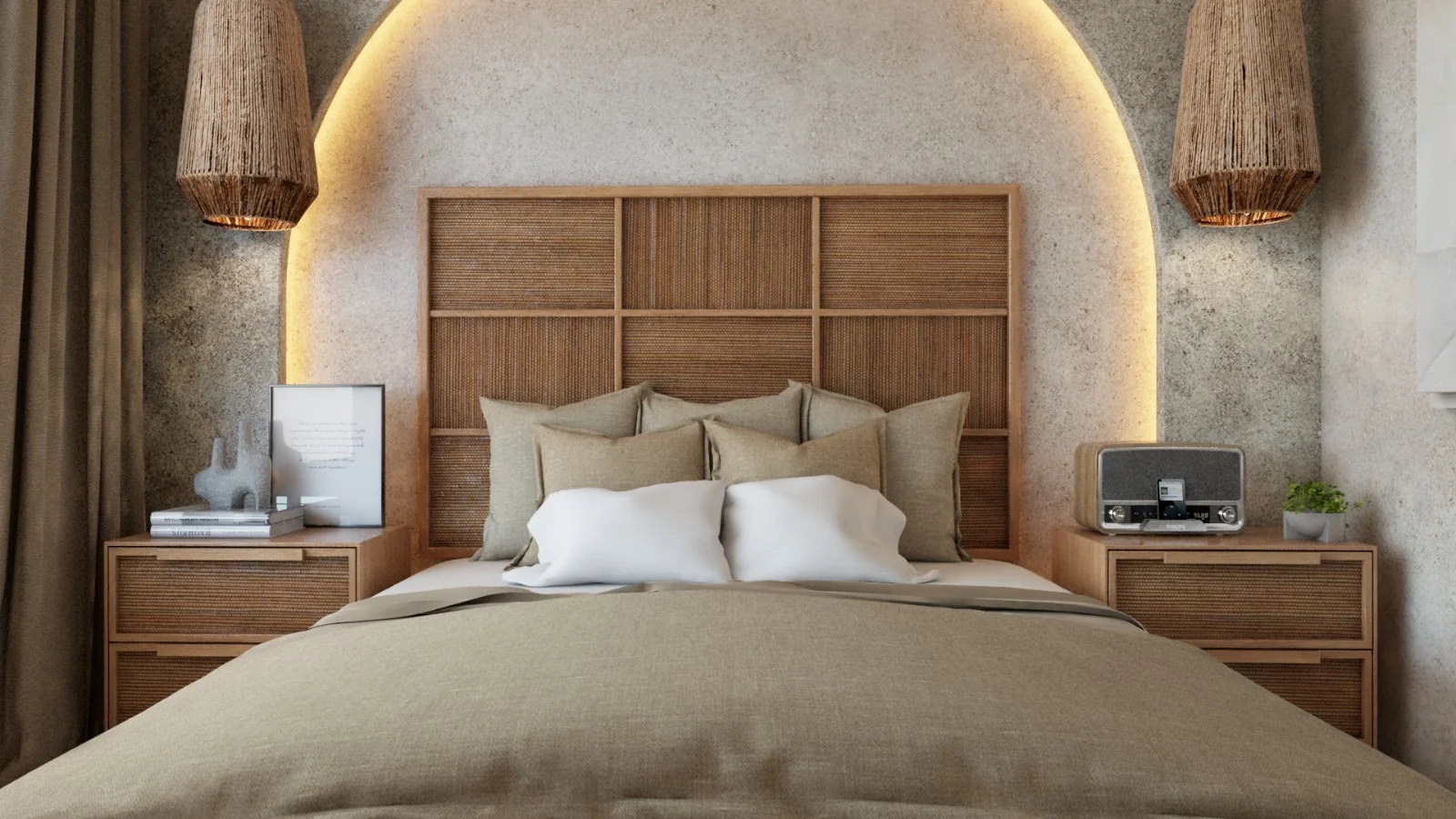 Villa Colibrí — Bedroom with a woven grid headboard set in a backlit arched niche between two rope pendants