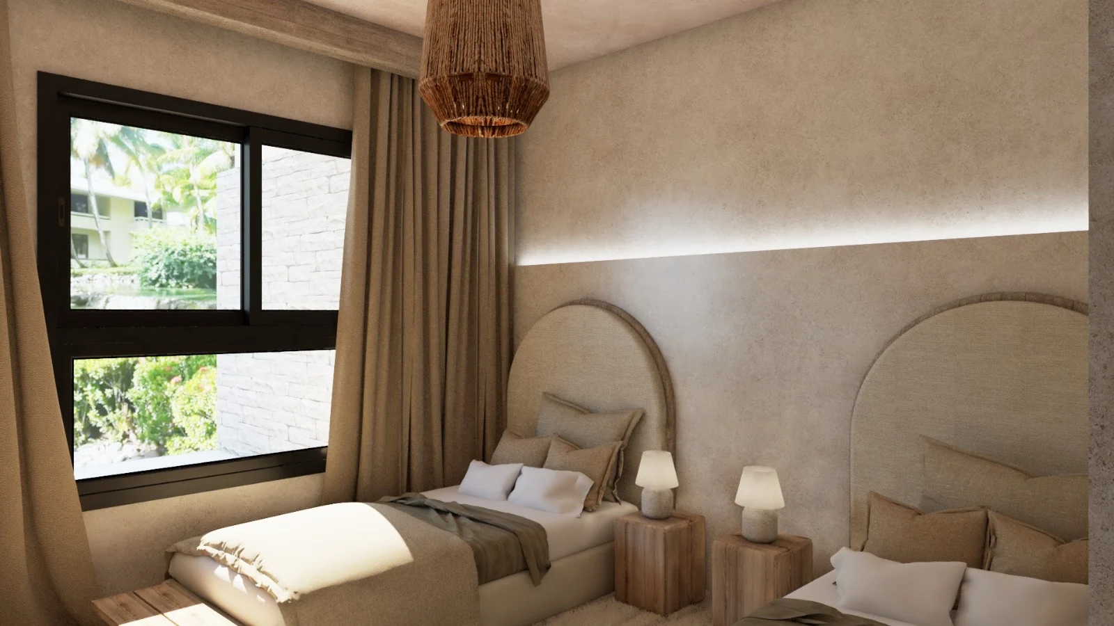 Villa Colibrí — Twin bedroom with white lamps on wood block nightstands and a window onto a garden pond