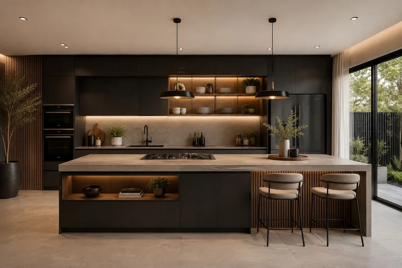 Villa Serein — Kitchen with black cabinetry, a stone-look island with two upholstered stools and lit open shelves