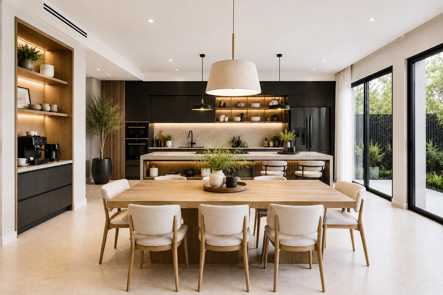 Villa Serein — Dining area with a light wood table and cream chairs under a fabric pendant, with the kitchen behind