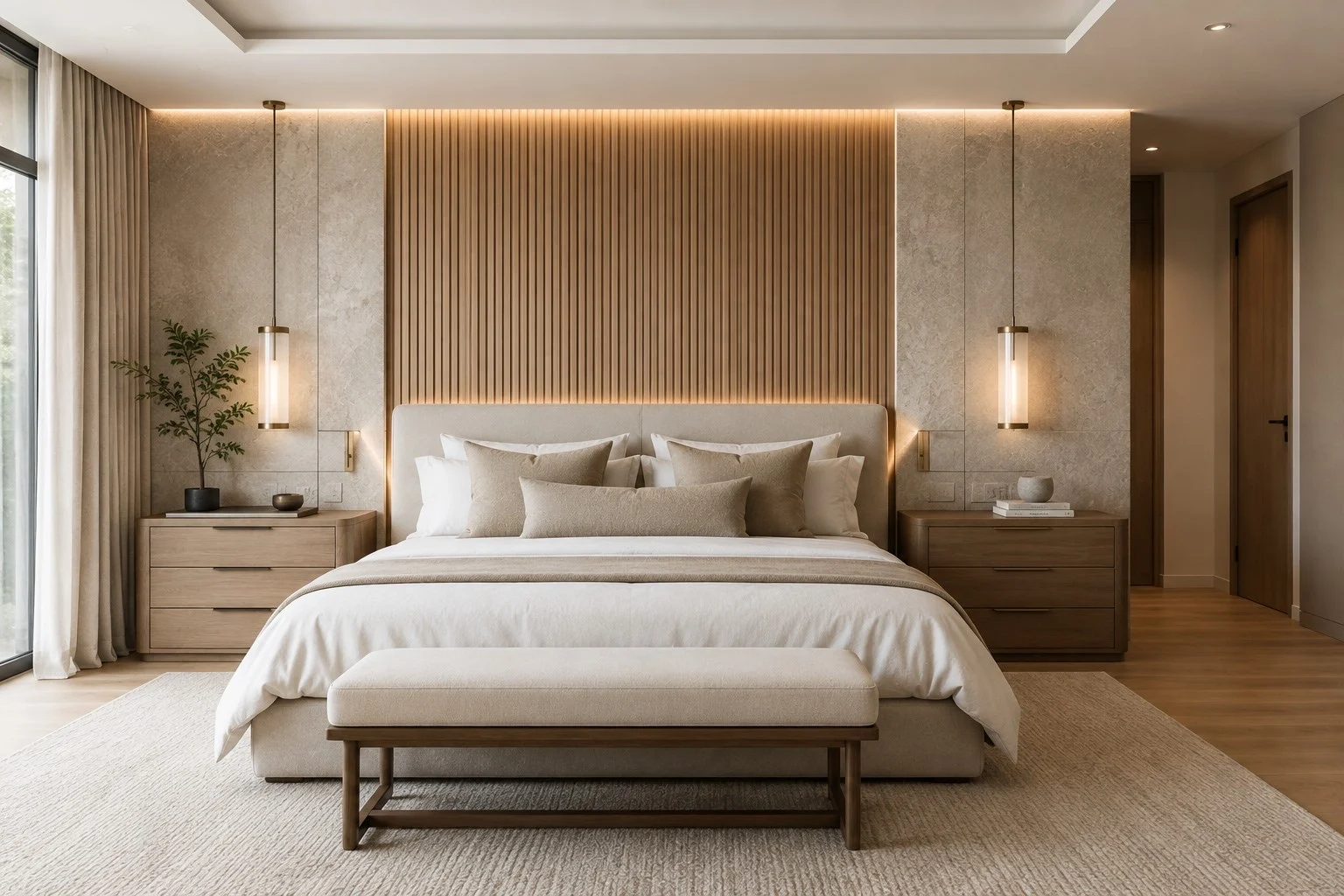 Villa Serein — Bedroom with an upholstered bed against a backlit wood-slat wall and glass pendants over the nightstands