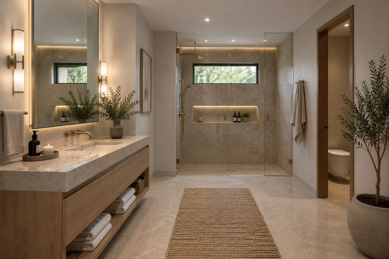Villa Serein — Bathroom with a wood vanity, a glass-walled shower with a horizontal window and a woven runner