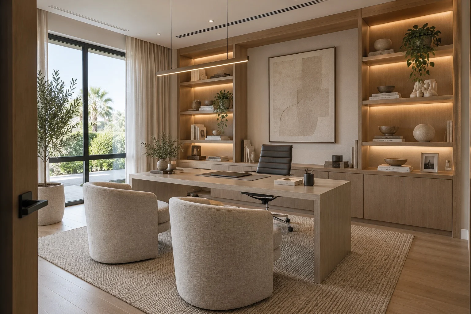 Villa Serein — Home office with a light wood desk, two cream armchairs and lit built-in shelves around an abstract artwork