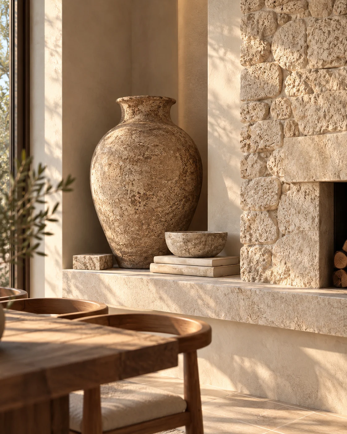 Villa Toscana — Large aged ceramic urn and a stone bowl on a stone ledge beside a rough stone fireplace