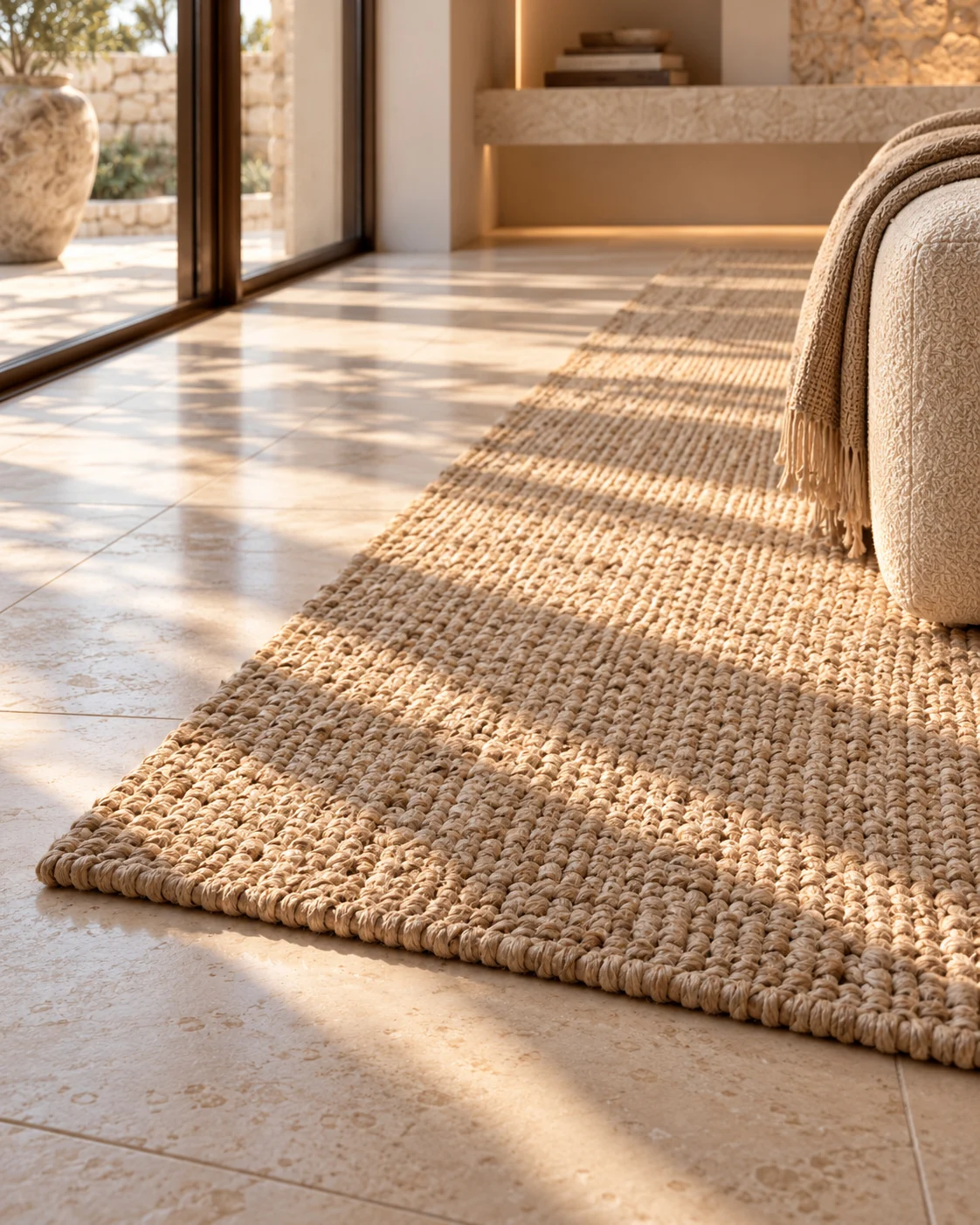 Villa Toscana — Close view of a woven jute rug on a stone floor in raking sunlight