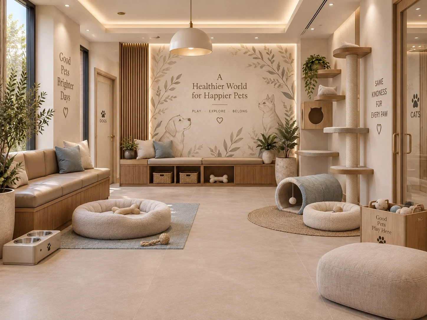 Willow Creek Veterinary Care — Pet lounge with round pet beds, a cat tree and a mural reading “A Healthier World for Happier Pets”