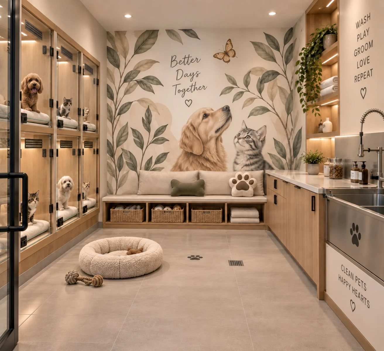 Willow Creek Veterinary Care — Kennel room with dogs and cats in glass-front enclosures and a mural reading “Better Days Together”