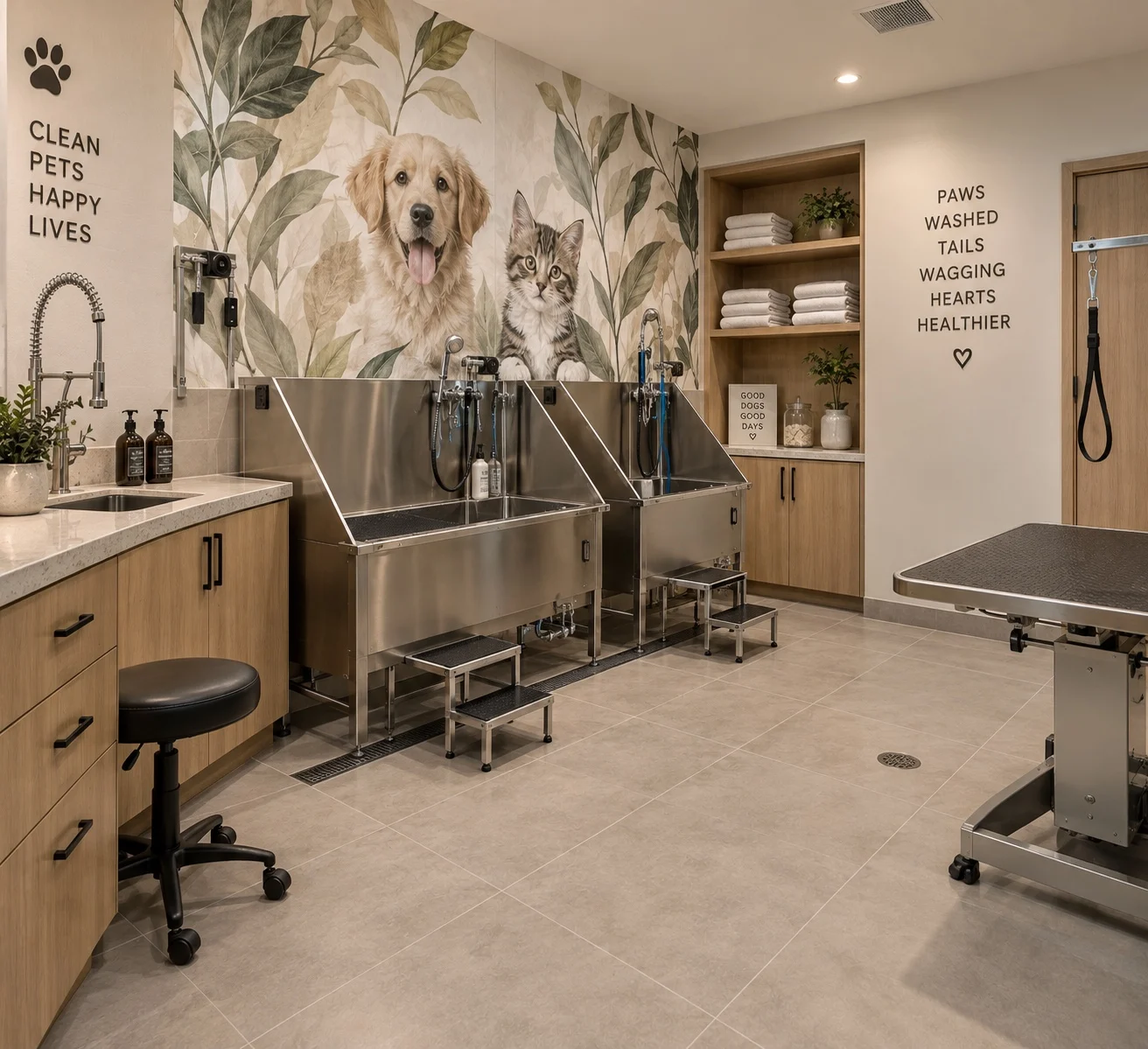 Willow Creek Veterinary Care — Grooming room with two stainless bathing tubs with steps below a leafy mural of a dog and a kitten