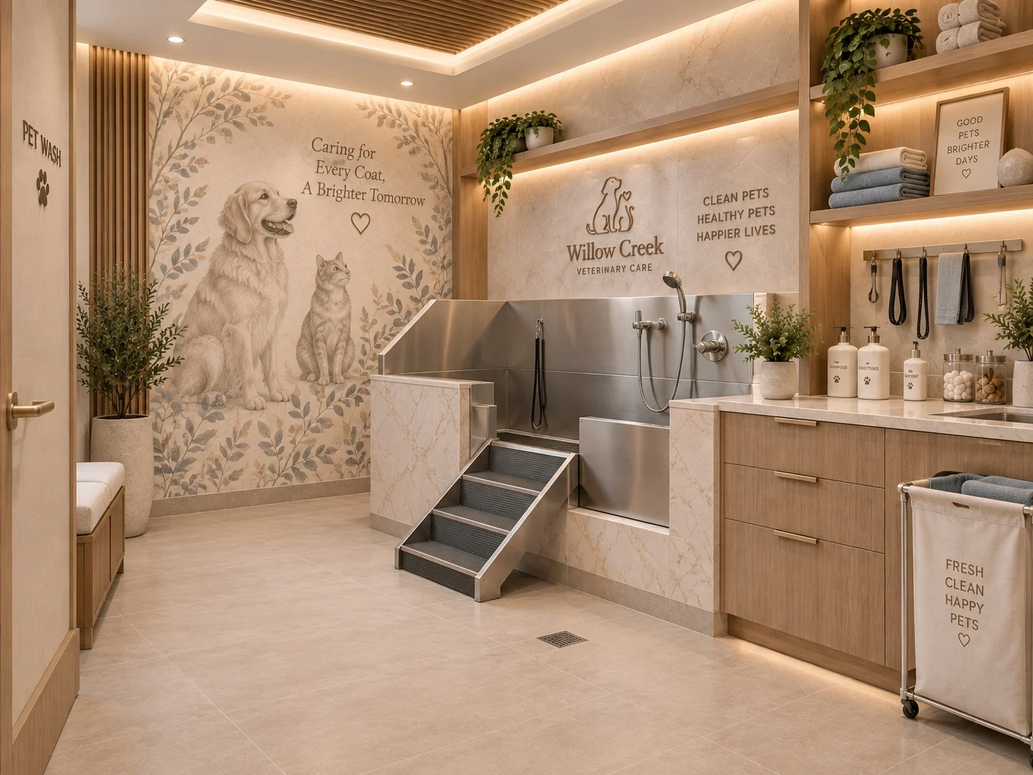 Willow Creek Veterinary Care — Pet wash room with a raised stainless tub and stairs beside a mural reading “Caring for Every Coat, A Brighter Tomorrow”