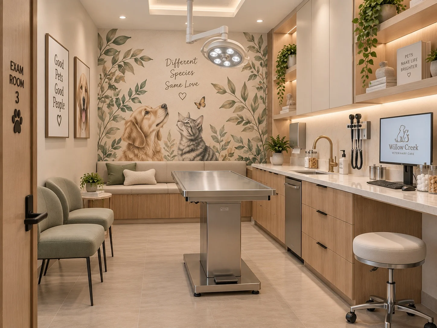 Willow Creek Veterinary Care — Exam room with sage-green chairs, a cushioned bench and an exam light over the stainless table